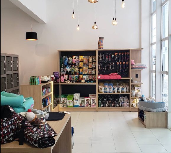 Área de produtos e acessórios da loja, com prateleiras organizadas de rações, brinquedos e petiscos.
